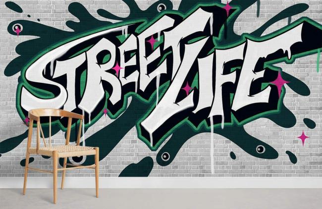 Graffiti | Urban Graffiti Street Life Mural Non-Woven Wallpaper 1ft2 Green and White Design & Art Graffiti