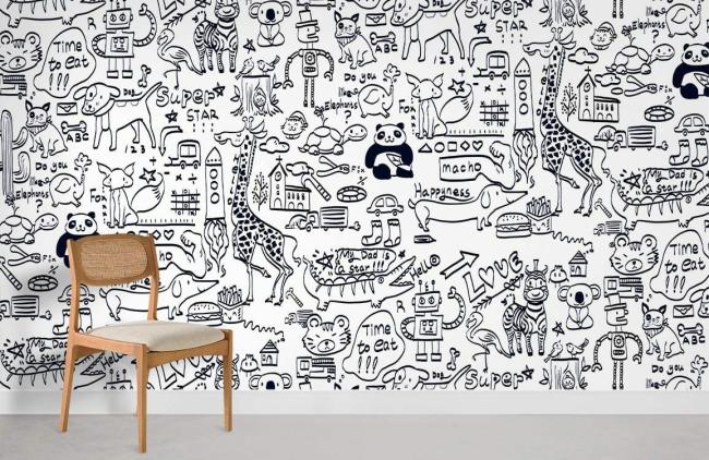 Graffiti | Whimsical Doodle Art Kids Mural Non-Woven Wallpaper 1ft2 Black and White Design & Art Black & White