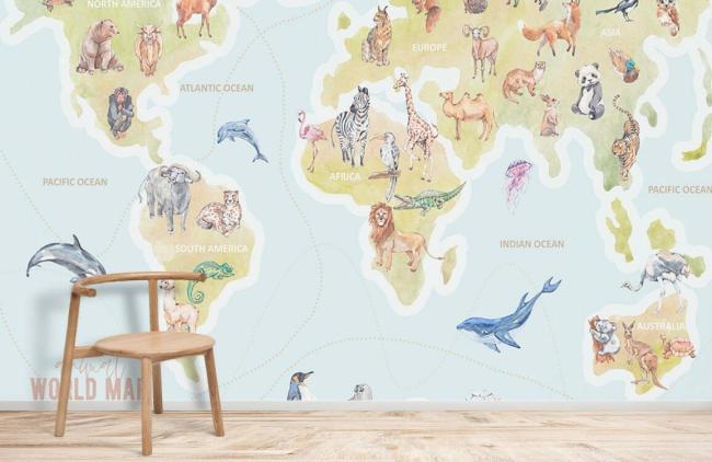 Map | Animal World Map Nursery Mural Non-Woven Wallpaper 1ft2 Pastel Multicolor General Map