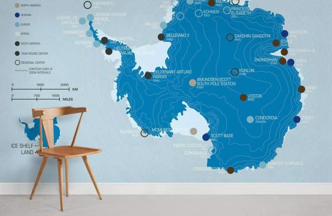 Map | Antarctic Exploration Map Mural Non-Woven Wallpaper 1ft2 Blue General Blue