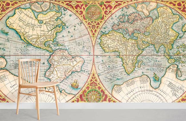 Map | Antique Mercator Projection World Map Non-Woven Wallpaper Mural 1ft2 Beige General Beige