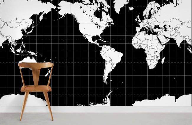 Map | Black and White World Map Mural Non-Woven Wallpaper 1ft2 Black and White General Black & White