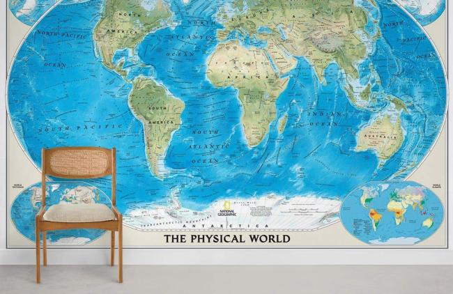 Map | Blue World Map Educational Mural Non-Woven Wallpaper 1ft2 Blue General Blue