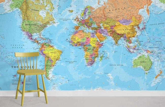 Map | Colorful World Map Educational Non-Woven Wall Mural Non-Woven Wallpaper 1ft2 Multicolor General Map