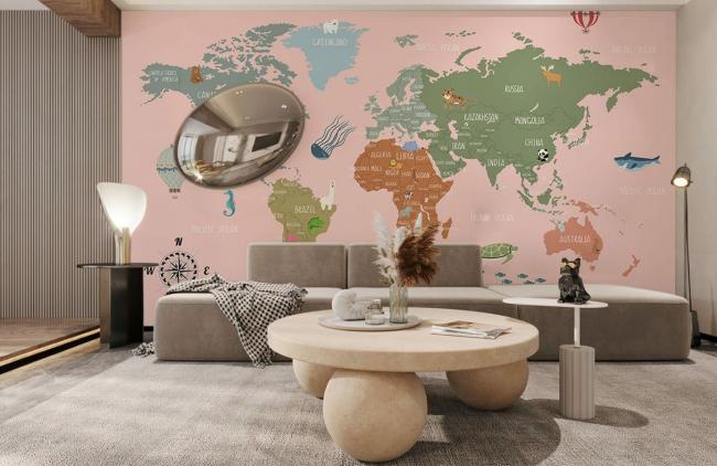 Map | Colorful World Map Kids Non-Woven Wall Mural 1ft2 Pink, Green, Blue, Beige General Map