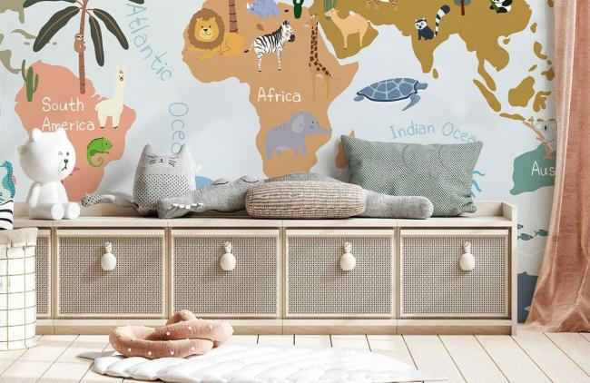 Map | Colorful World Map Kids Room Mural Non-Woven Wallpaper 1ft2 Multicolor General Map