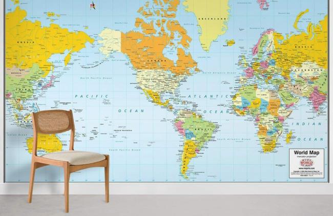 Map | Educational Bright World Map Mural Non-Woven Wallpaper 1ft2 Multicolor General Map