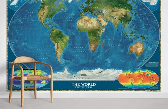 Map | Educational Bright World Map Non-Woven Wall Mural 1ft2 Blue General Blue