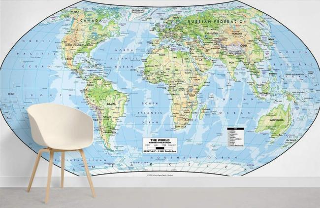 Map | Educational Hammer Projection Map Non-Woven Wall Mural 1ft2 Blue and White General Blue & White