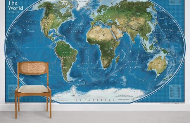 Map | Educational Satellite Explorer World Map Mural 1ft2 Blue and White General Blue & White