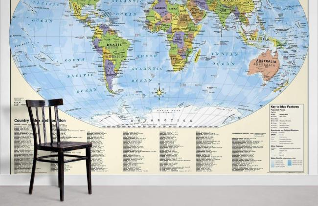 Map | Educational World Map Non-Woven Wall Mural 1ft2 Multicolor General Map