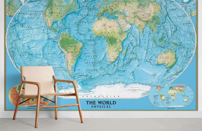 Map | Educational World Map Non-Woven Wallpaper 1ft2 Blue General Blue