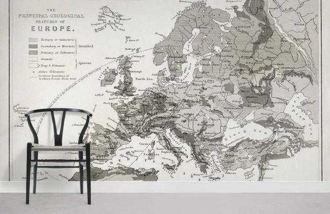 Map | Vintage European Map Monochrome Mural Non-Woven Wallpaper 1ft2 Grey General Grey