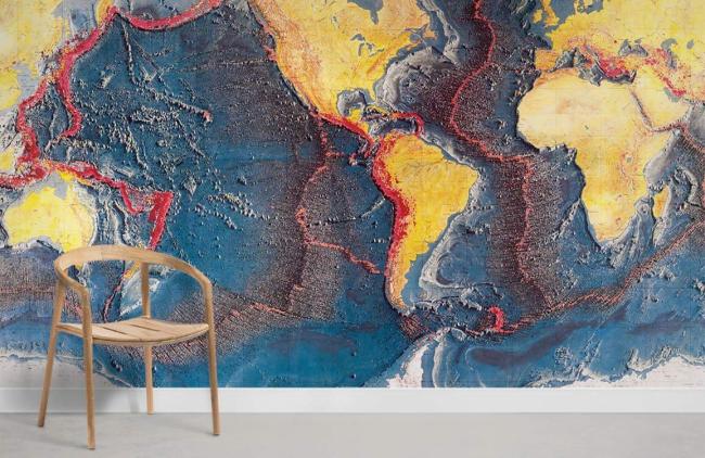 Map | Vintage Geonova Blue World Map Non-Woven Wall Mural 1ft2 Blue and Yellow General Blue & Yellow