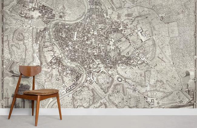 Map | Vintage Monochrome City Map Mural Non-Woven Wallpaper 1ft2 Grey General Grey