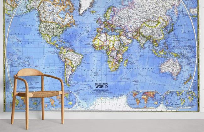 Map | Vintage Ocean Blue World Map Non-Woven Wall Mural 1ft2 Blue and White General Blue & White