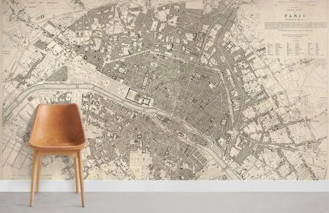 Map | Vintage Paris Map Monochrome Mural Non-Woven Wallpaper 1ft2 Beige General Beige