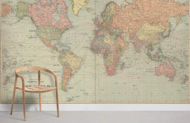 Map | Vintage Stanford General World Map Non-Woven Wallpaper Mural 1ft2 Beige General Beige