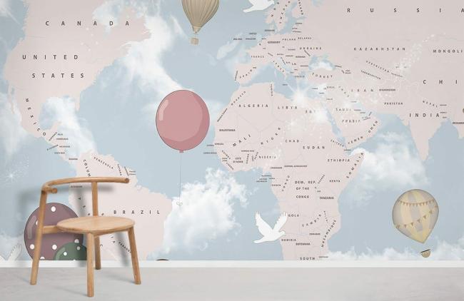 Map | Vintage World Map Air Balloons Mural Non-Woven Wallpaper 1ft2 Beige General Beige