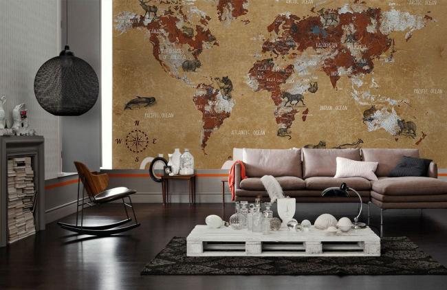 Map | Vintage World Map Animal Mural Non-Woven Wallpaper 1ft2 Beige General Beige