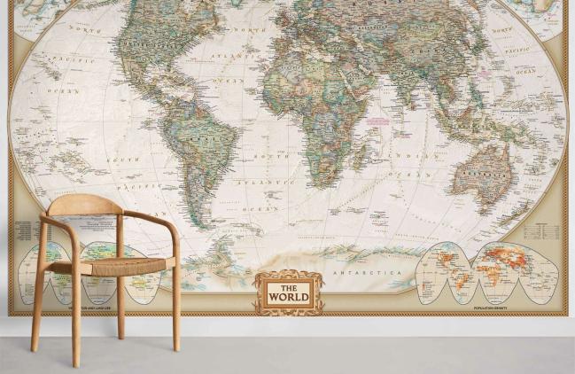 Map | Vintage World Map Executive Mural Non-Woven Wallpaper 1ft2 Beige General Beige