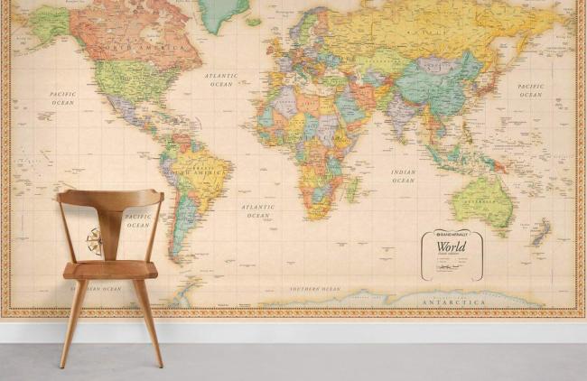 Map | Vintage World Map Information Mural Non-Woven Wallpaper 1ft2 Beige General Beige