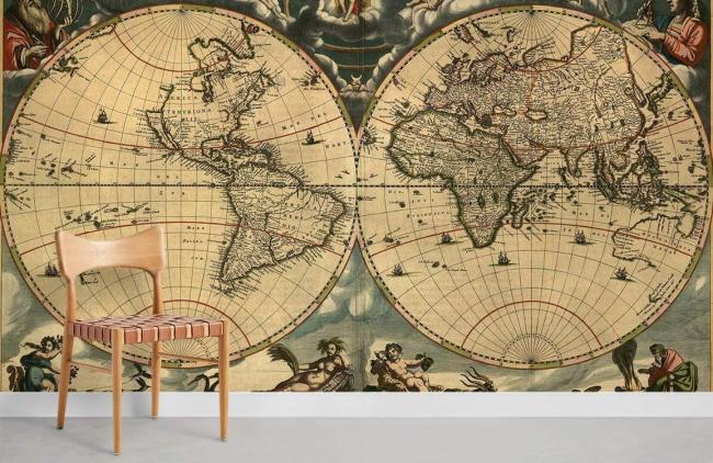 Map | Vintage World Map Non-Woven Wallpaper 1ft2 Beige, Navy, Red General Beige, Navy, Red