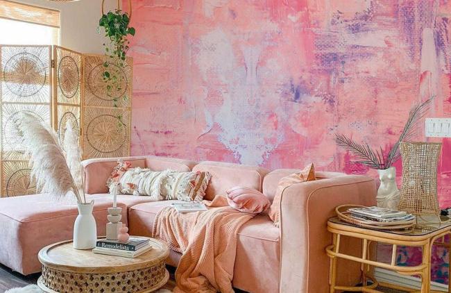 Oil Painting | Abstract Pink Blue Brushstroke Mural Non-Woven Wallpaper 1ft2 Pink and Blue Design & Art Oil Painting