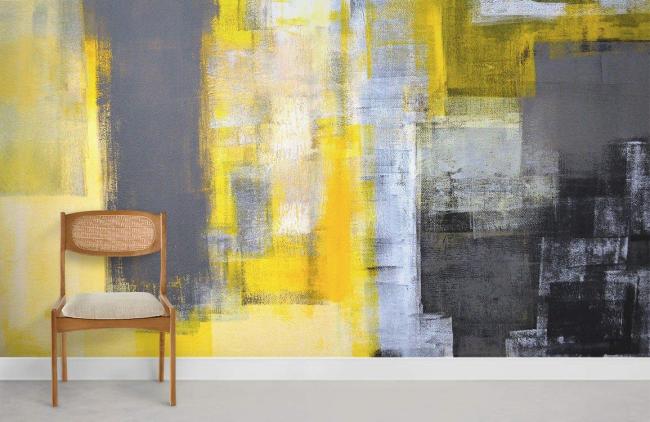 Oil Painting | Bold Abstract Geometric Yellow Mural Non-Woven Wallpaper 1ft2 Yellow and Gray Design & Art Oil Painting