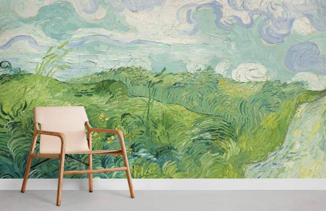 Oil Painting | Impressionist Green Hills Landscape Mural Non-Woven Wallpaper 1ft2 Green, Blue Design & Art Green, Blue