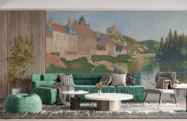 Oil Painting | Riverbank Landscape Artistic Non-Woven Wall Mural 1ft2 Blue and Green Design & Art Blue & Green