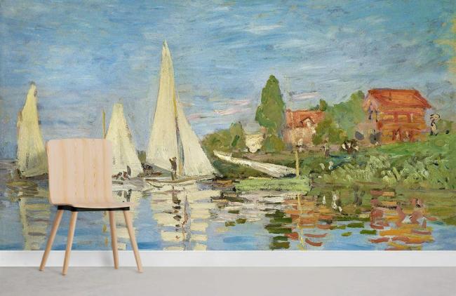 Oil Painting | Serene Lakeside Sailboats Artistic Mural Non-Woven Wallpaper 1ft2 Blue and White Design & Art Blue & White