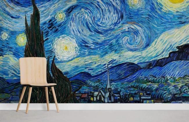 Oil Painting | Starry Night Inspired Artistic Mural Non-Woven Wallpaper 1ft2 Blue and Yellow Design & Art Blue & Yellow