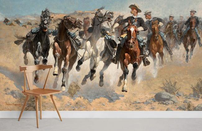 Oil Painting | Wild West Cowboy Horse Chase Mural Non-Woven Wallpaper 1ft2 Beige Design & Art Beige