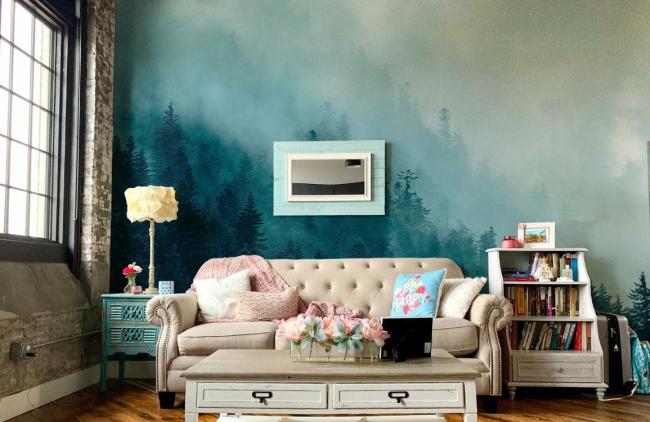 Ombre | Misty Forest Landscape Non-Woven Wall Mural 1ft2 Teal Design & Art Ombre