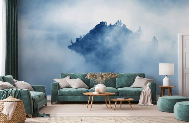 Ombre | Misty Mountain Blue Landscape Mural Non-Woven Wallpaper 1ft2 Blue Design & Art Blue