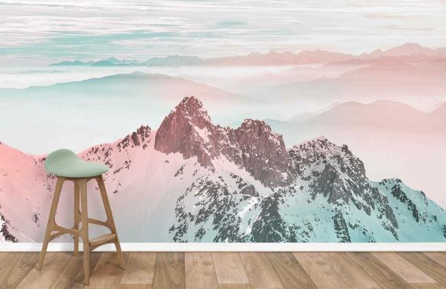 Ombre | Pastel Mountain Range Landscape Mural Non-Woven Wallpaper 1ft2 Pastel Pink and Blue Design & Art Ombre