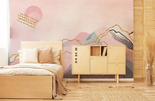 Ombre | Pink Gold Abstract Mountain Mural Non-Woven Wallpaper 1ft2 Pink, Blue, Gold Design & Art Ombre