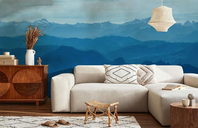 Ombre | Serene Blue Mountain Landscape Non-Woven Wallpaper Mural 1ft2 blue Design & Art Blue