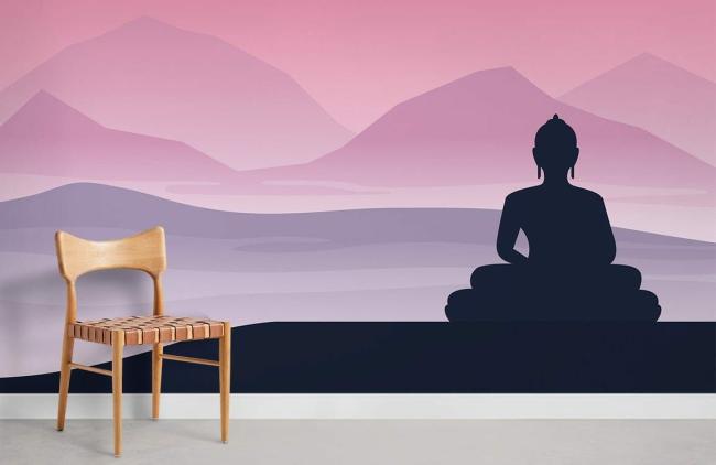 Ombre | Serene Buddha Sunset Landscape Non-Woven Wallpaper Mural 1ft2 Pink and Purple Design & Art Ombre