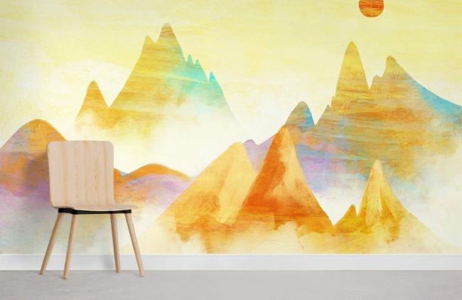 Ombre | Sunset Mountain Watercolor Mural Non-Woven Wallpaper 1ft2 Yellow Design & Art Ombre