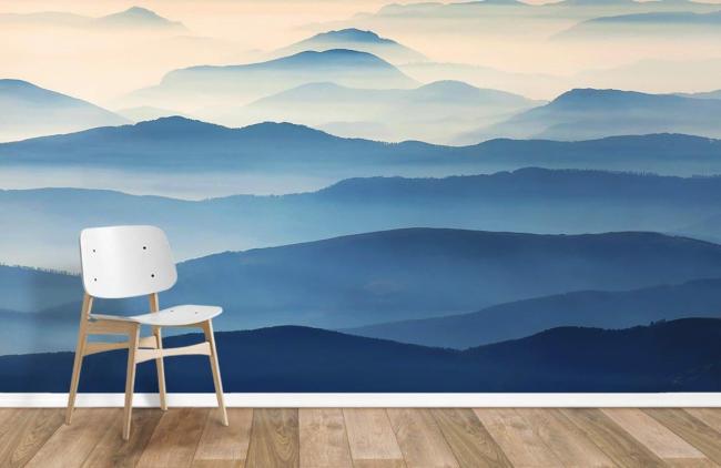 Ombre | Tranquil Misty Mountains Landscape Mural Non-Woven Wallpaper 1ft2 Blue and White Design & Art Blue & White