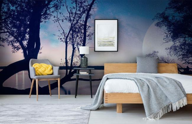 Ombre | Tranquil Moonlit Lake Scenery Mural Non-Woven Wallpaper 1ft2 Navy Design & Art Navy