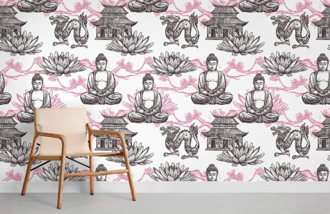 Religious | Zen Buddha Lotus Flower Mural Non-Woven Wallpaper 1Roll Pink and White General Pink & White