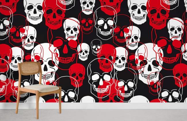 Skull | Bold Red and Black Skull Mural Non-Woven Wallpaper 1Roll Red and Black General Red & Black