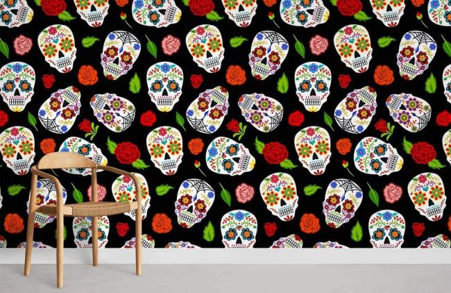 Skull | Colorful Sugar Skull Floral Mural Non-Woven Wallpaper 1Roll Black, Multi-color General Black, Multi-color