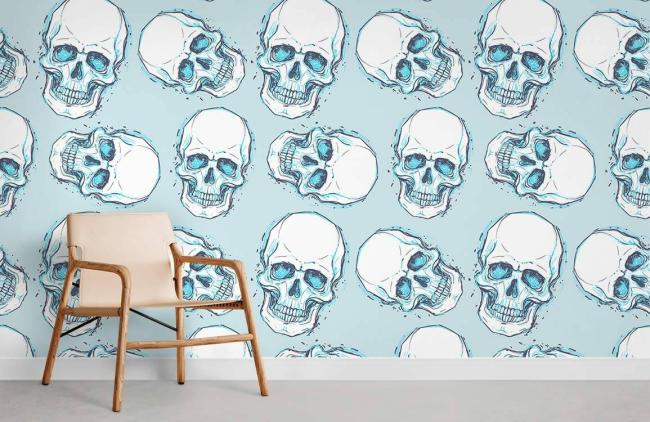 Skull | Modern Blue Skull Illustration Mural Non-Woven Wallpaper 1Roll Blue and White General Blue & White