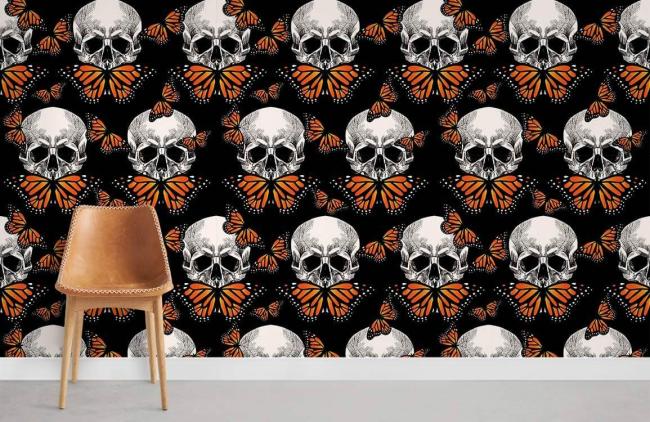 Skull | Monarch Butterfly Gothic Skull Mural Non-Woven Wallpaper 1Roll Black and Orange General Black & Orange