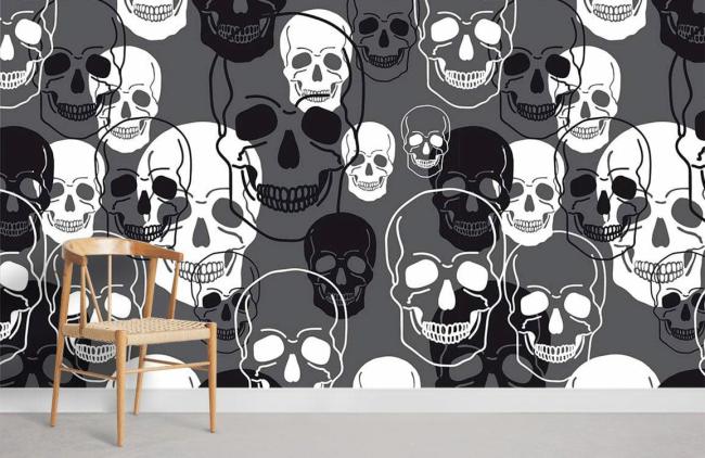 Skull | Moody Monochrome Skulls Mural Non-Woven Wallpaper 1Roll Grey General Grey