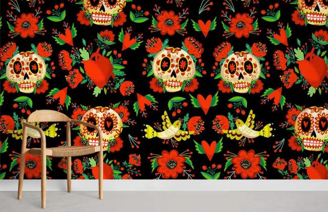 Skull | Vibrant Floral Skulls Pattern Mural Non-Woven Wallpaper 1Roll Red and Black General Red & Black